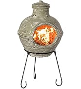 Indoor and Outdoor Beige Clay Chimenea BBQ Grill Fire Pit Accent Design and Metal Stand