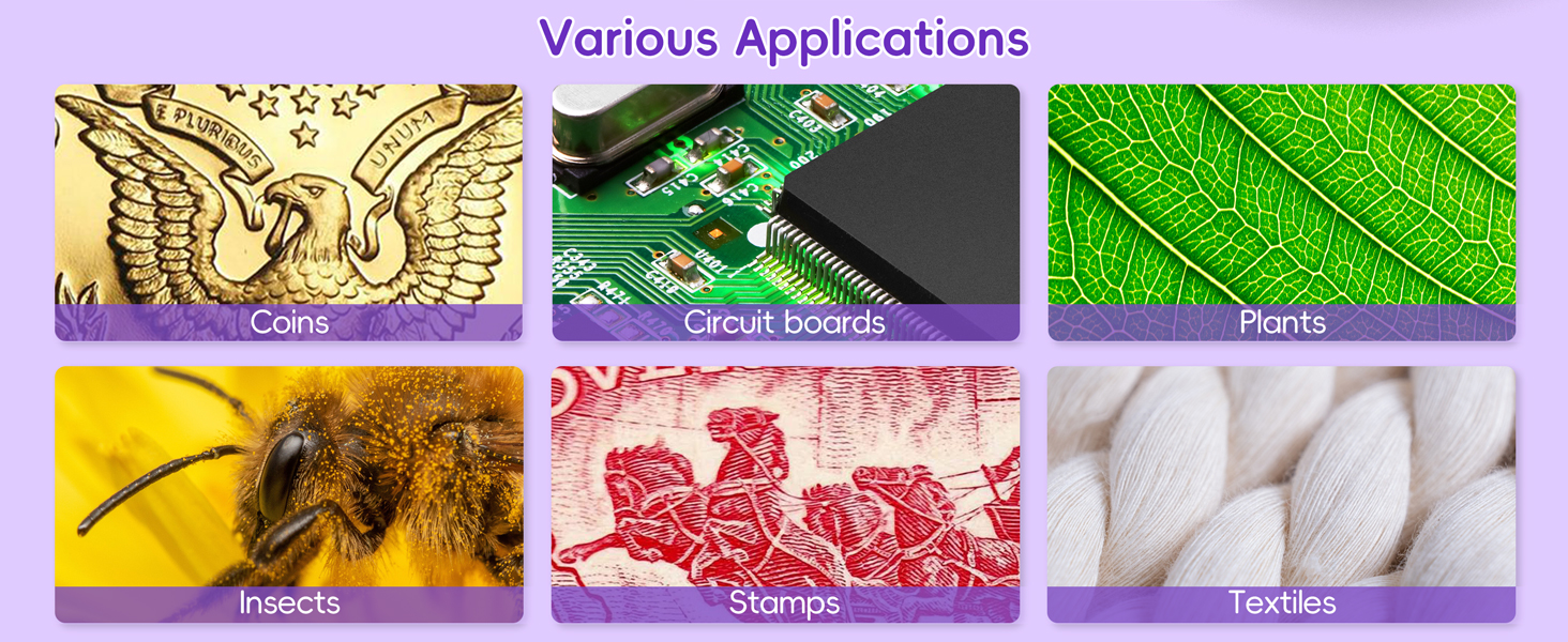Text reads 'Various Applications'. Grid of photos showing different microscope applications including coin inspection, circuit board analysis, and textile examination.
