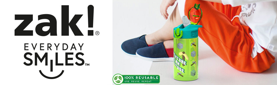 Banner with zak! Everyday Smiles logo and lifestyle image of Minecraft 16oz Park water bottle