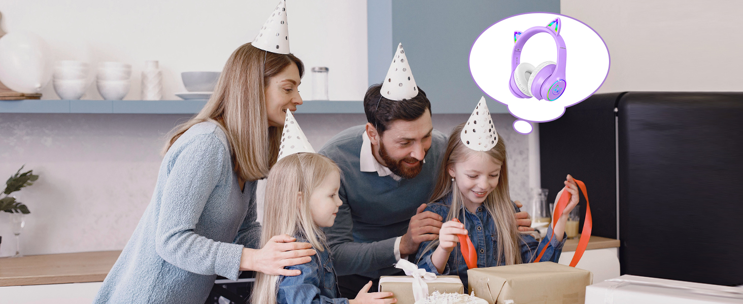 Purple wireless headphones icon shown in a thought bubble above a scene of people looking at electronic devices.