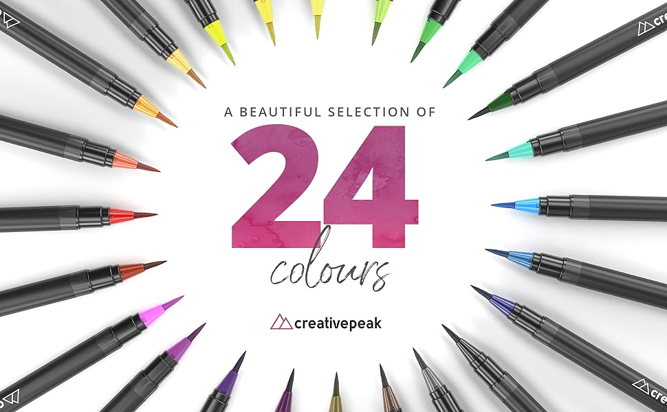 Collection of 24 colored brush pens arranged in a circular pattern around pink text, featuring various colors from red to blue with black pen bodies.