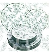 Joyido 60PCS Green Floral Plastic Plates - Elegant Floral Disposable Plates - Heavy Duty Decorati...