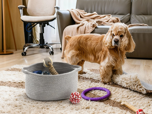 Gray cotton rope storage basket with dog toys, with a dog playing in a cozy living room