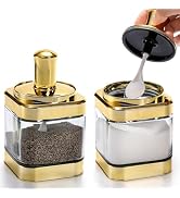 Mezchi 2 Pack Glass Condiment Pot, 12 Ounce Gold Spice Jars with Spoon, Seasoning Box Set Salt Co...
