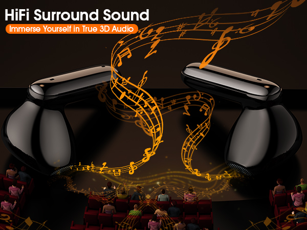 Two earbuds placed on sides of a stage like live speakers, delivering stereo sound to the audience