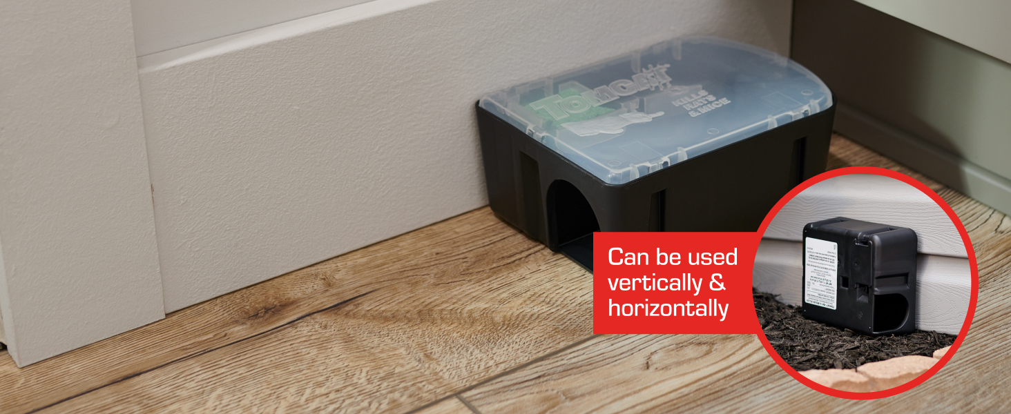 Bait station can be used vertically and horizontally.