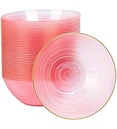 QualQuot 50 Pack 16 Oz Plastic Bowls with Gold Rim, Disposable Soup Bowls, Heavy Duty Dessert Bow...