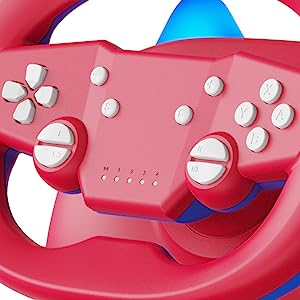 Close-up of a pink gaming controller with analog sticks, directional pad, and multiple buttons visible against a blue and white background.