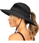 Waterproof Bucket Sun Hat for Women Wide Brim Breathable Mesh UPF50+ Safari Hat Criss Cross Ponyt...