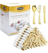 ISFANGCO 50 Pack Pre Rolled Gold Plastic Silverware Set with Napkins,Disposable Wrapped Heavy Dut...