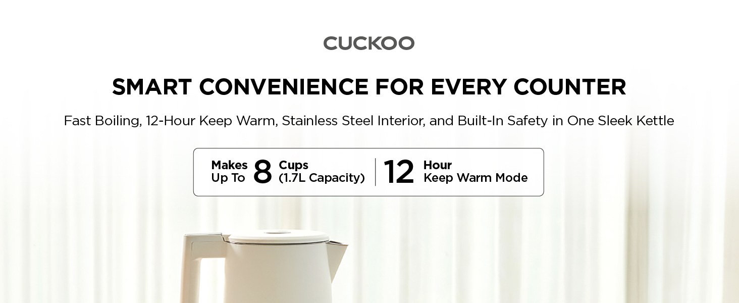 Stainless steel electric kettle 1.7L cordless hot water boiler for tea and coffee, CUCKOO countertop
