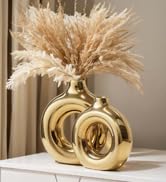 Glossy Gold Ceramic Vase Set of 2,Round Donut Hollow Flower Vases for Home Decor Accents,Modern M...