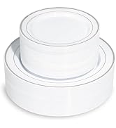 Pryntono 200PCS Sliver and White Plastic Plates, Disposable Party Plates with Silver Rim, Include...