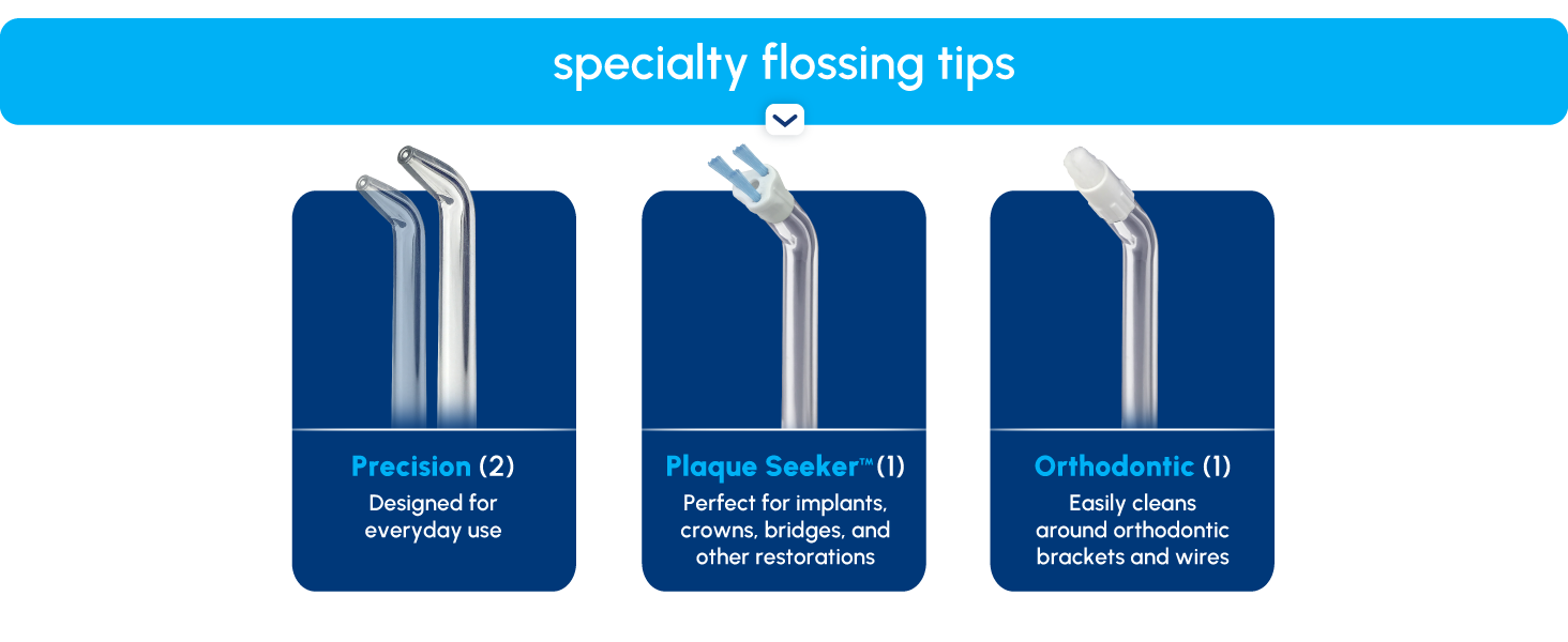 Image of Waterpik tips with text reading specialty flossing tips.