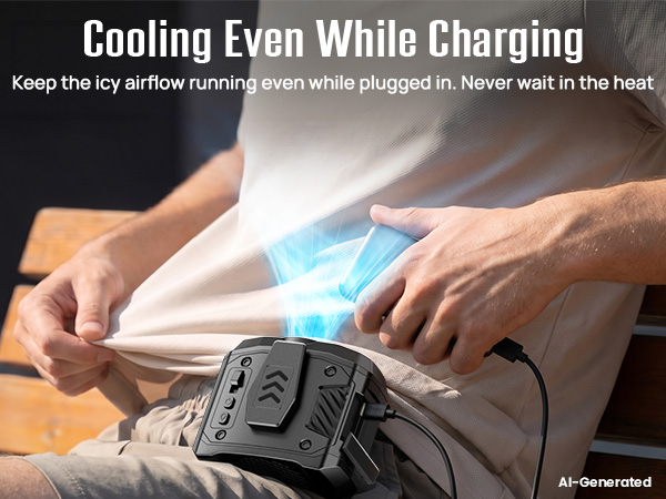 Waist cooling fan keeps blowing cool air while connected to a portable power bank