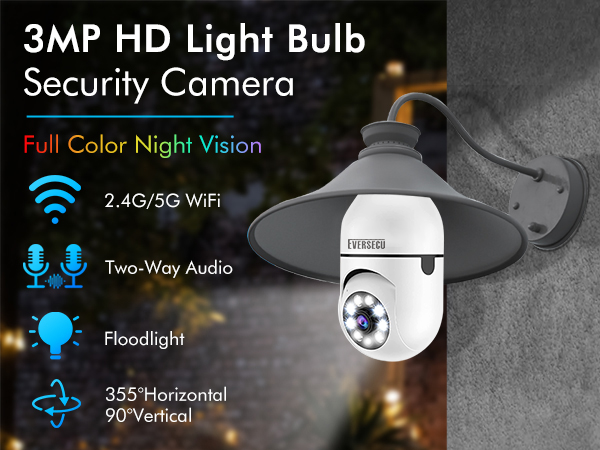 2K Light Bulb Wireless Security Camera 5Ghz WiFi Outdoor Indoor RTSP Stream Work with Alexa Onvif