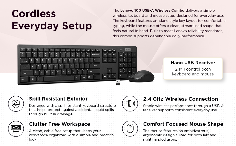 Lenovo 100 USB-A Wireless Combo - Cordless