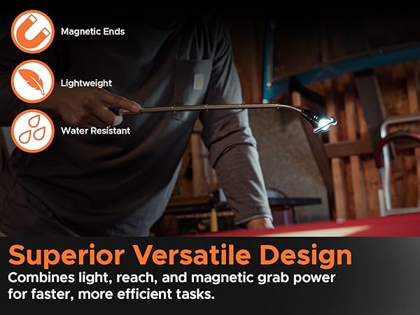 magnetic flashlight, telescoping pickup tool, LED work light, flexible neck, grab tool magnet