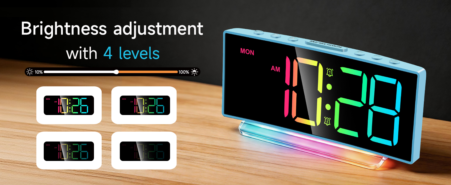 4 level brightness dimmer LED alarm clock adjustable display for bedroom bedside nightsta