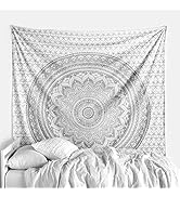 raajsee Metallic Silver Tapestry Grey Mandala Wall Hangings, Indian Cotton Beach Throw Blanket, H...