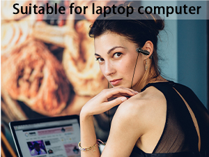 Woman wearing wireless earbuds, looking over her shoulder. Text overlay reads 'Suitable for laptop computer'. Earbuds appear small and discreet in the ear.