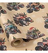 RUSPEPA Kraft Monster Truck Christmas Wrapping Paper Roll, Mini Roll, Holiday Decorated Trucks an...