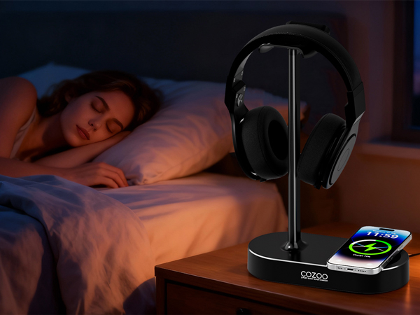 Headphone Stand with Wireless Charging Pad and 3 USB Charging
