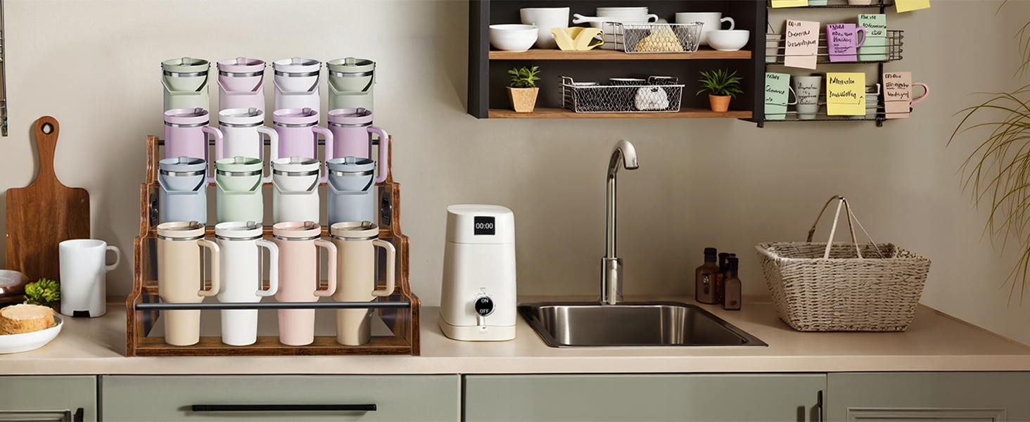 4 tier storage rack for tumblers and mugs, sturdy wood organizer for kitchen pantry space.