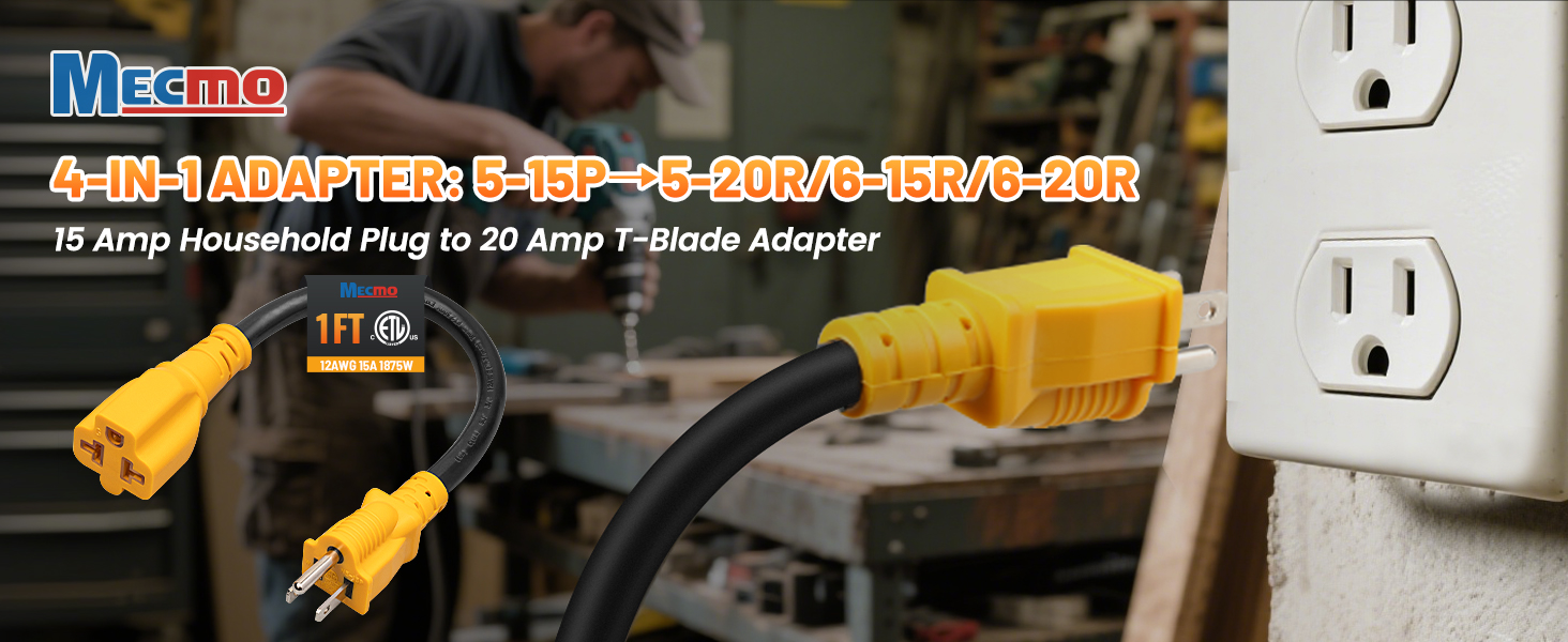 12AWG 15 Amp Household AC Plug to 20 Amp T Blade Adapter Cable, 5-15P to 5-15R 5-20R 6-15R 6-20R