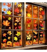 Whaline 6 Sheets Fall Window Clings Watercolor Maple Leaves Glass Stickers | Double Sided Reusabl...