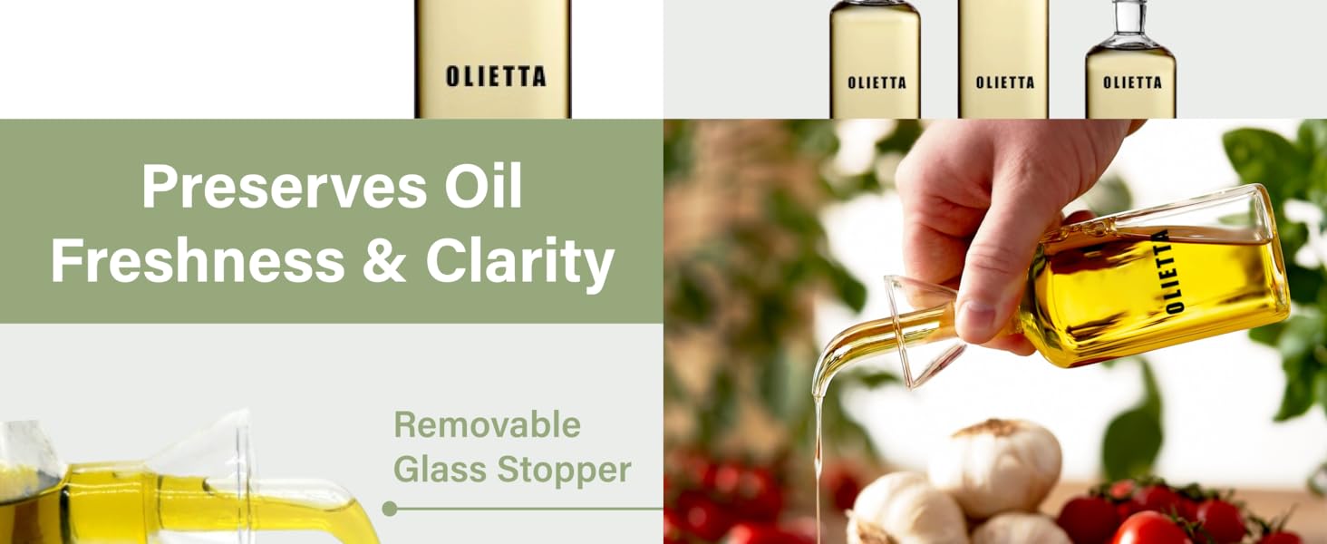 Glass oil bottles with removable stoppers. Hand pouring golden oil. Text emphasizes oil freshness and clarity preservation.