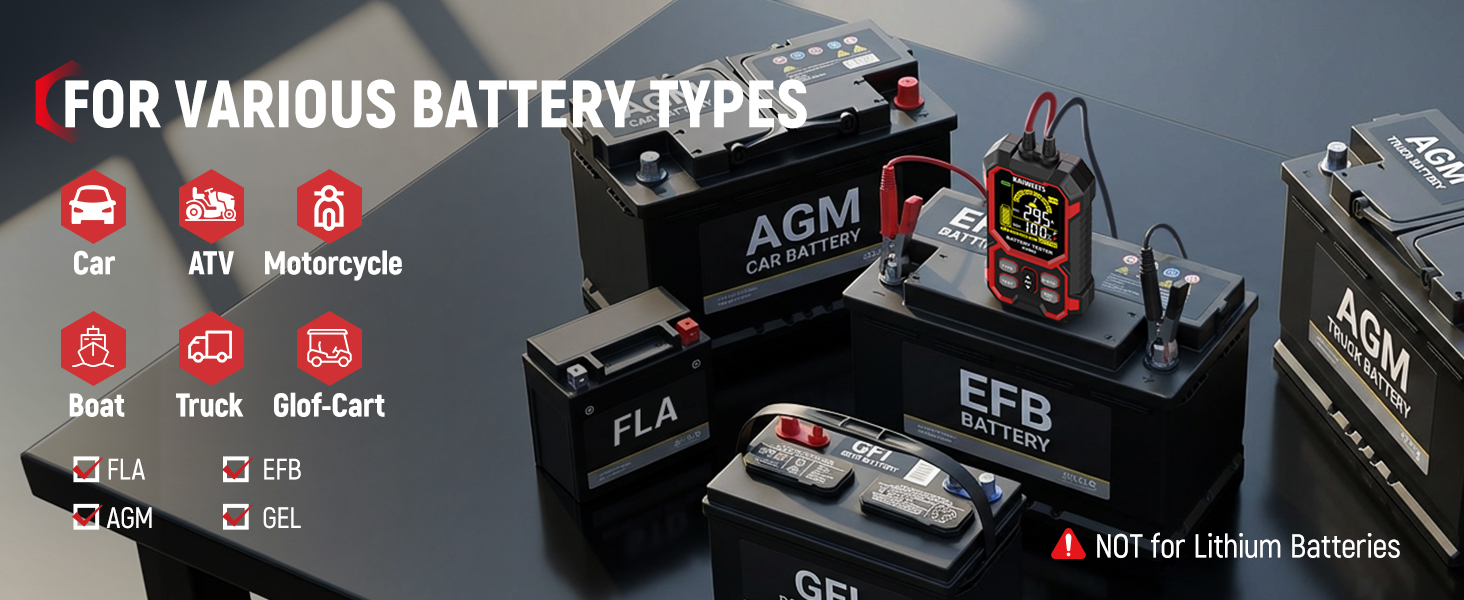 Text reads 'FOR VARIOUS BATTERY TYPES'.