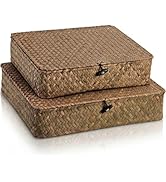Elsjoy 2 Pack Flat Seagrass Storage Bins with Lid, Wicker Woven Storage Basket Set, Rattan Organi...