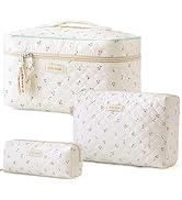 HBselect Quilted Makeup Bag, 3PCS Cotton Large Travel Makeup Bag, Cute Floral Coquette Make up Ba...