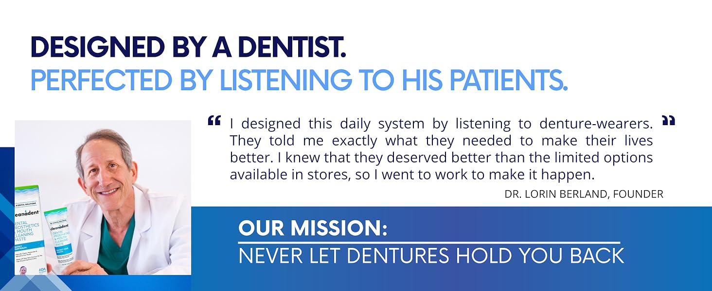 Dentist in white lab coat holding product with text and quote.