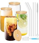 GIVAMEIHF Drinking Glasses with Bamboo Lids and Glass Straw 4 pcs set,16oz Glass Cups with Lids a...