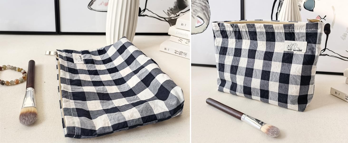 cotton makeup bag black white checker women girls accessory bag, pattern, large big pencil pouch