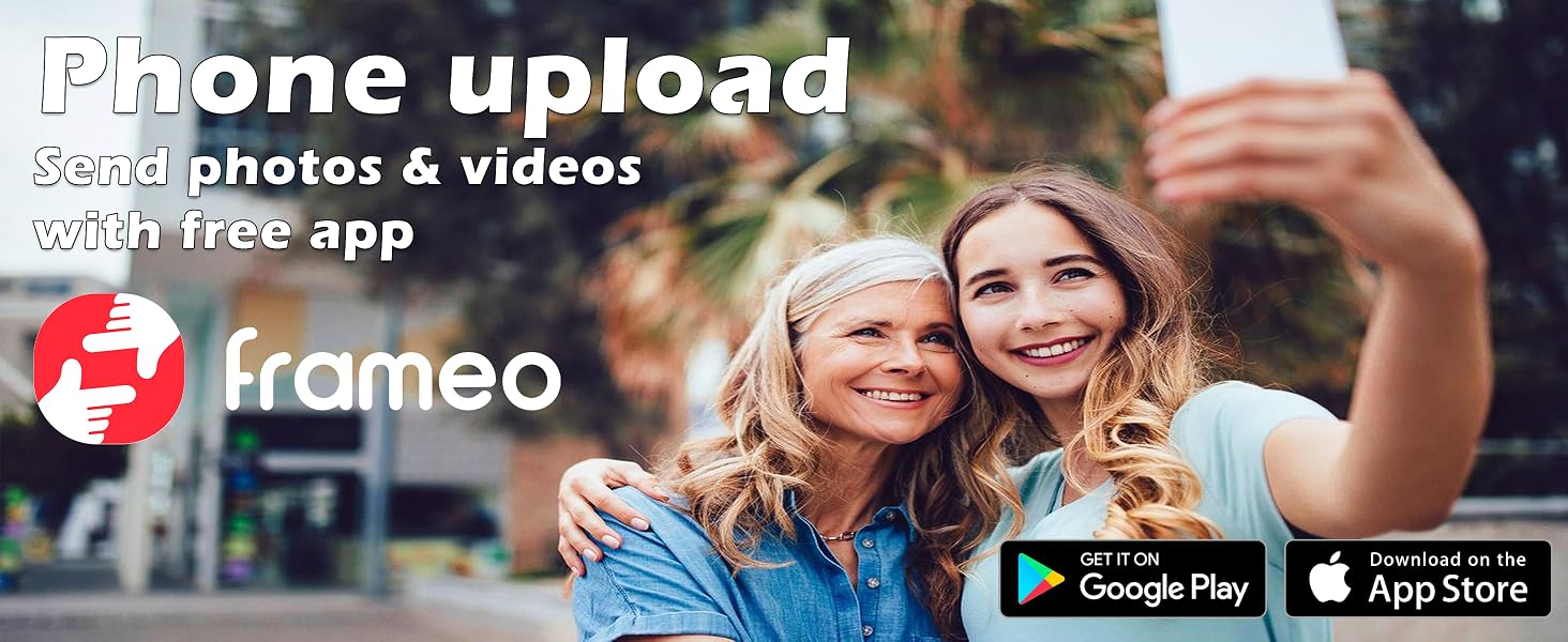 Advertisement for Frameo app, showcasing phone upload feature for photos and videos. Displays app logo and download options for Google Play and App Store.