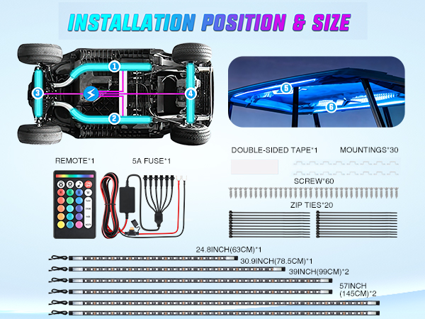 6PCS Golf Cart Underbody Lights Kit RGB Multi-Mode LED Neon Accent Lighting Lamp