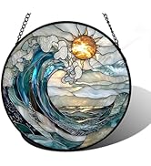 DASTOLL Stained Glass Window Hanging, Blue and White Waves Suncatcher Diamond Glass Panel Landsca...