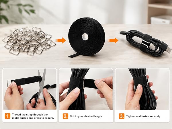 3-step usage guide for hook and loop cable straps with metal buckles