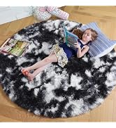 Amdrebio Black White Grey Round Rug 4Ft Circle Area Rugs for Bedroom Living Room, Fluffy Fuzzy Sh...