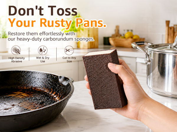 Rusty cast-iron pan, feature icons, and text Don't Toss Your Rusty Pans.