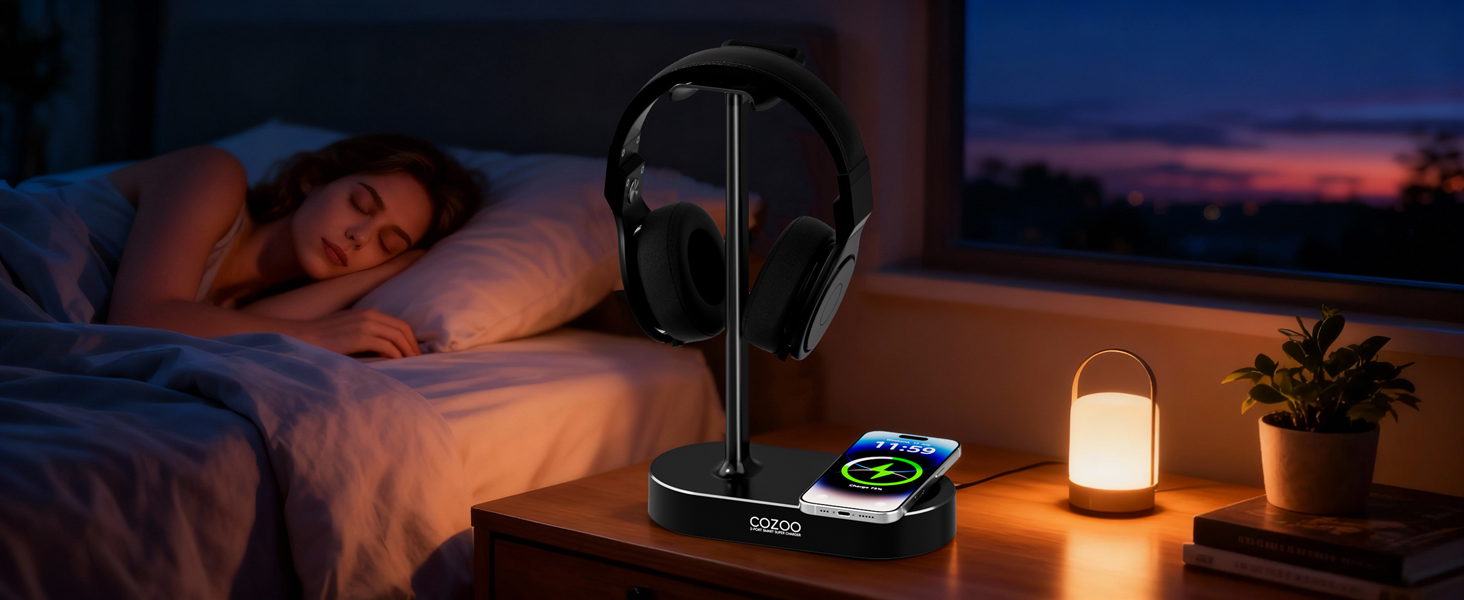 Headphone Stand with Wireless Charging Pad and 3 USB Charging