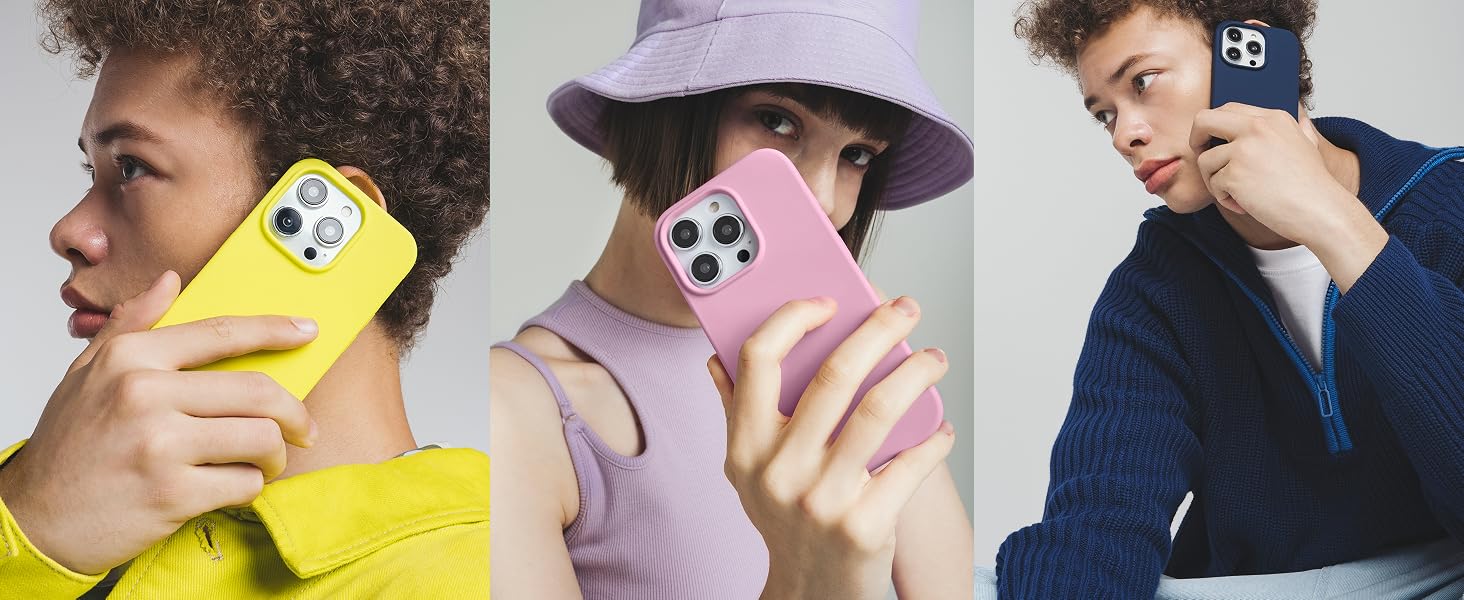 Colorful phone cases shown on three smartphones. Yellow, pink, and blue cases displayed in use, demonstrating grip and camera cutout designs.