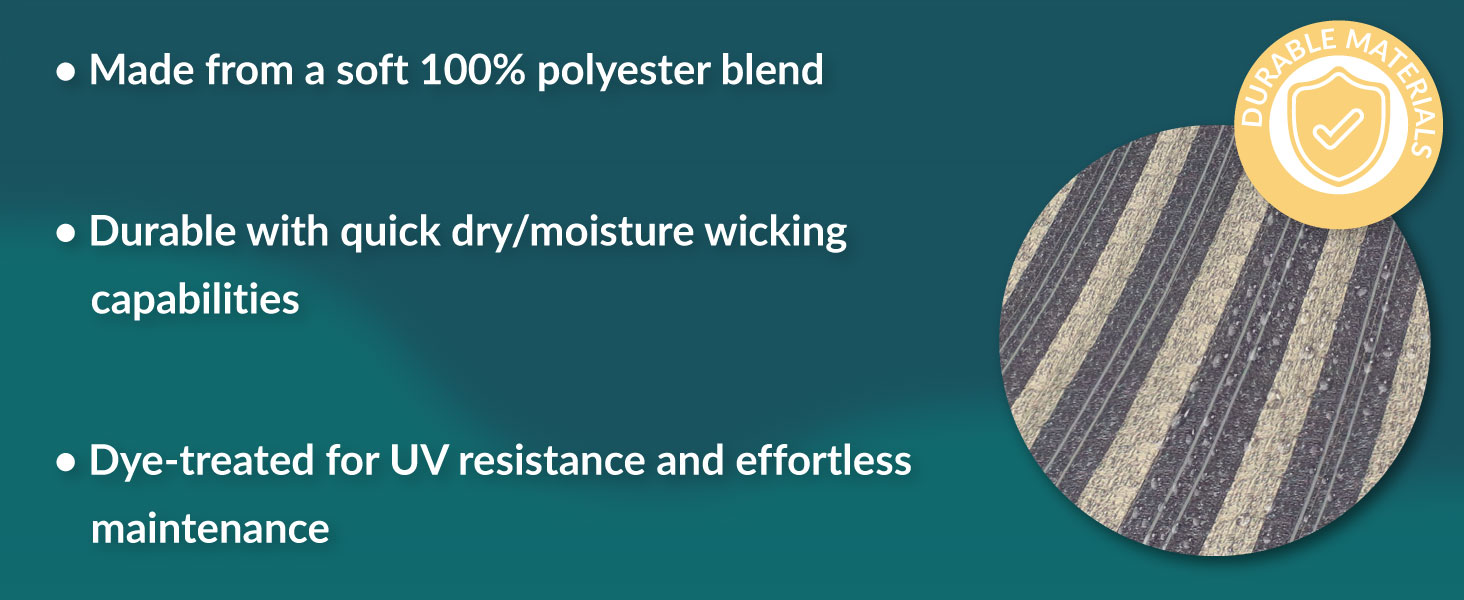 100% polyester blend durable with quick dry moisture wicking capabilities dye treated uv resistant