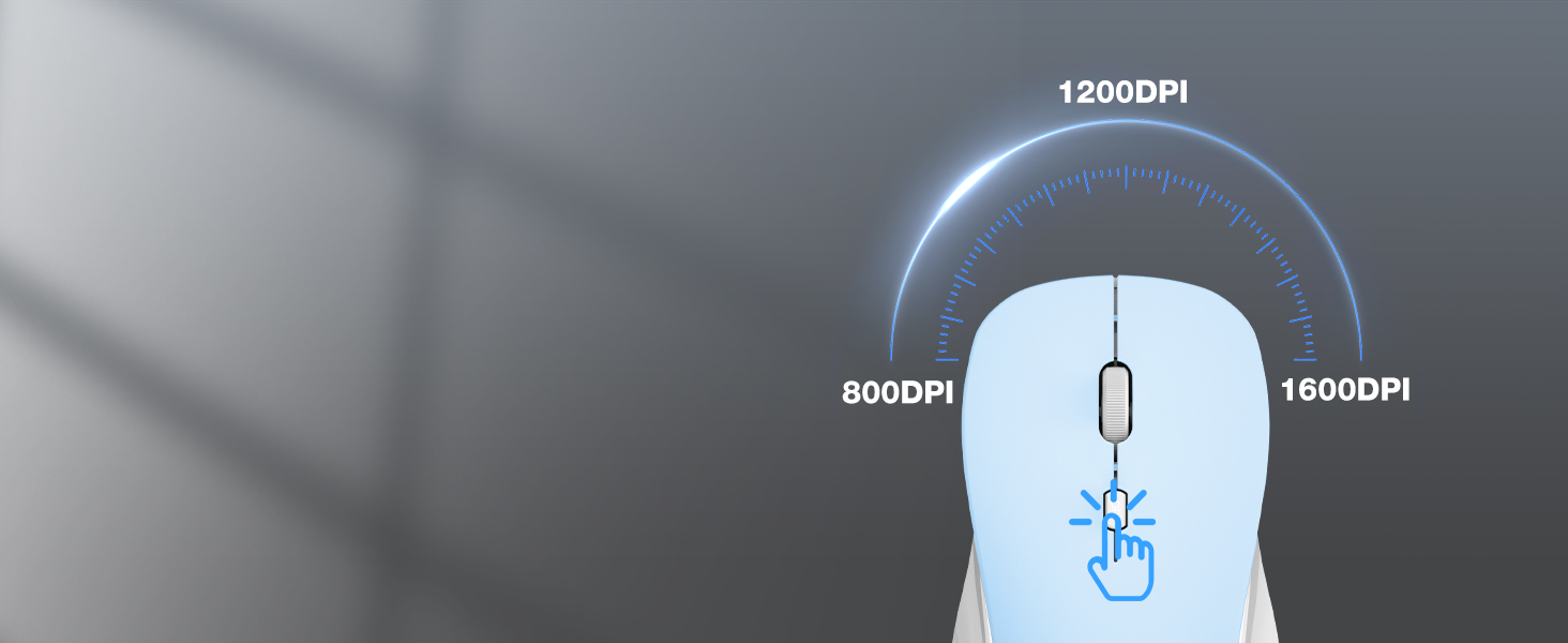 Light blue computer mouse with DPI sensitivity indicators. Circular diagram shows 800DPI, 1200DPI, and 1600DPI settings. Mouse features a central scroll wheel and finger gesture icon.