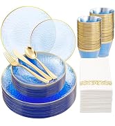 DaYammi 175PCS Clear Blue Gold Plastic Dinnerware Set for 25 Guests, Hammered Disposable Plates f...