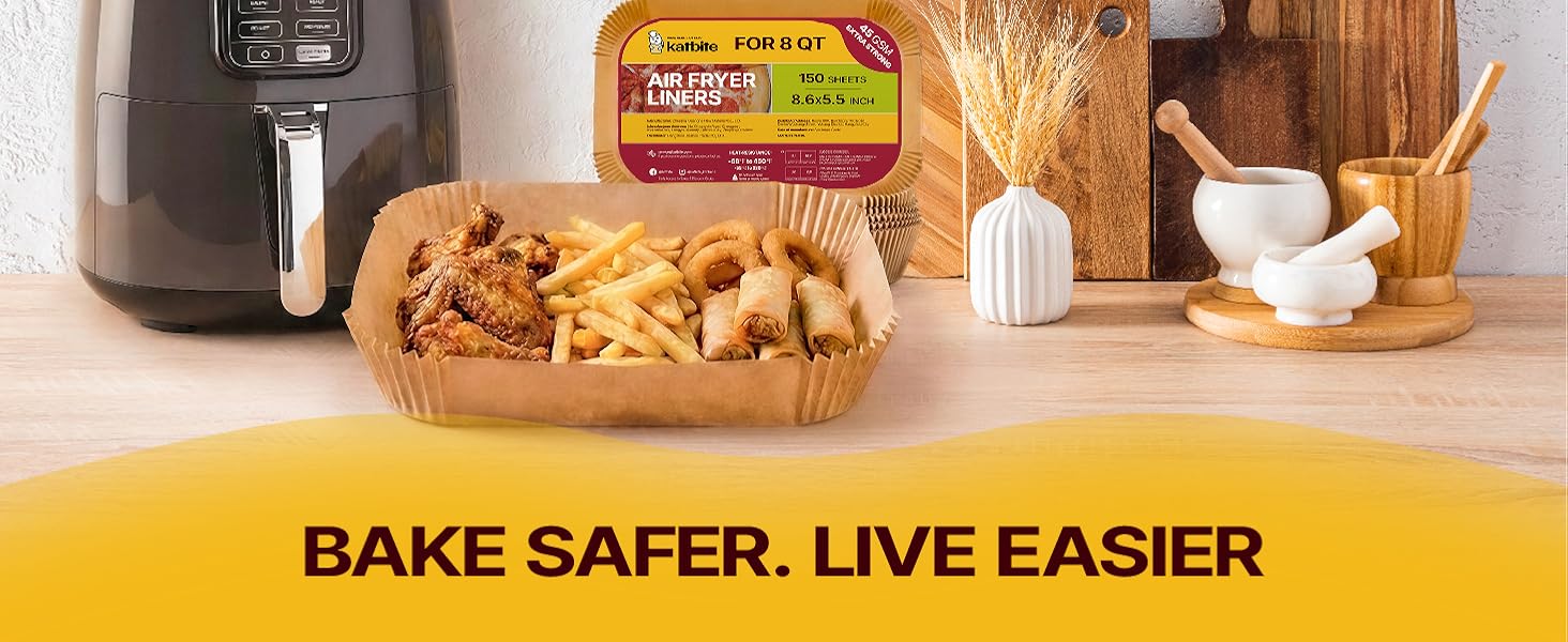 Text reads 'BAKE SAFER. LIVE EASIER'. Kitchen scenes showing baking preparations with wooden cutting boards and food ingredients.