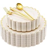 LIYH 150 Pcs Ivory Plastic Plates Dinnerware Set Scalloped Plastic Plates Disposable Gold Cutlery...